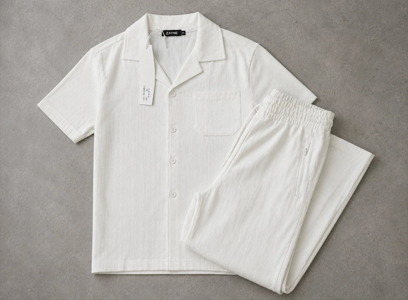 Men’s Premium Textured Camp Collar Shirt & Pants Set – Whit